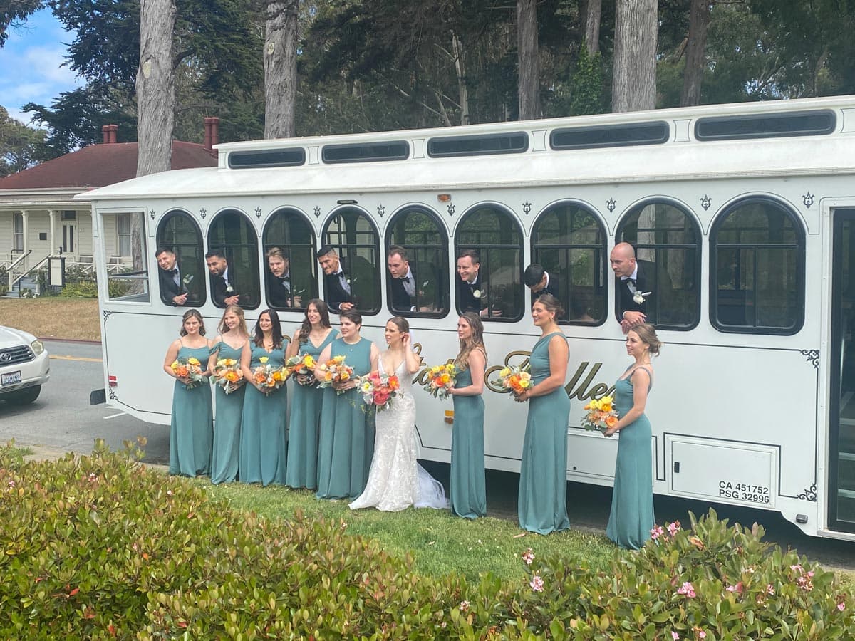A beautiful wedding party celebrating aboard the Livermore Wine Trolley